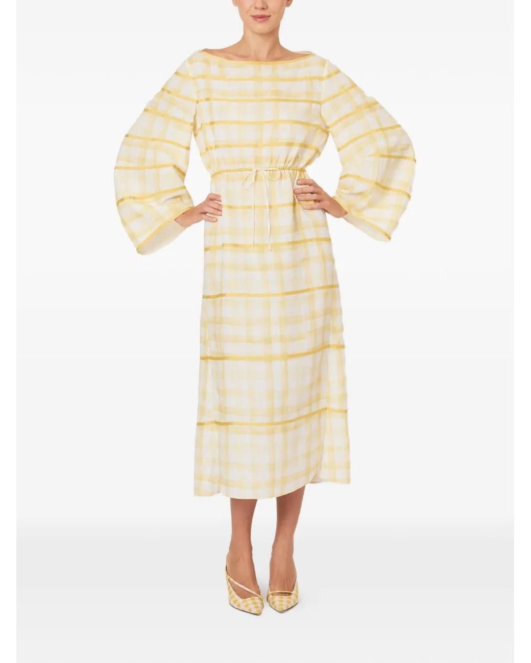Rosie Assoulin White Plaid Bell-Sleeve Dress