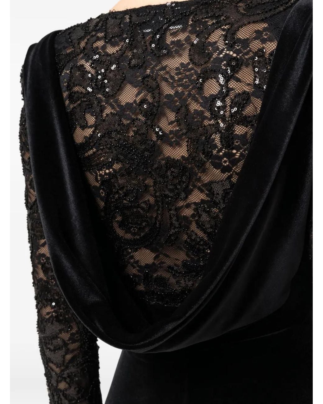 Nissa Black Lace-Insert Velvet Midi Dress