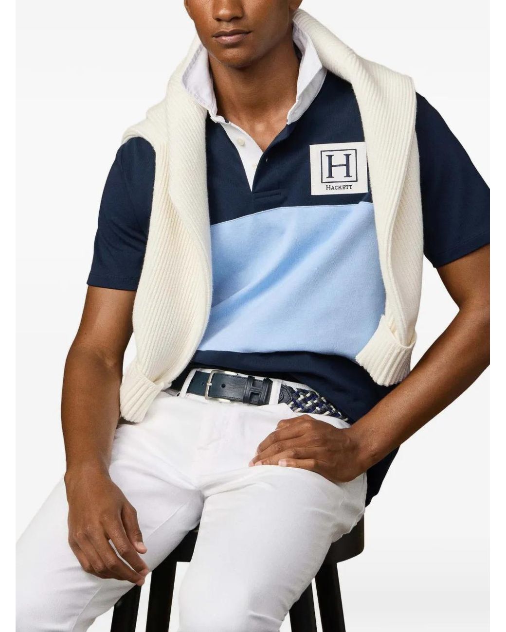 Hackett Blue Colour-Blocked Rugby Shirt for men