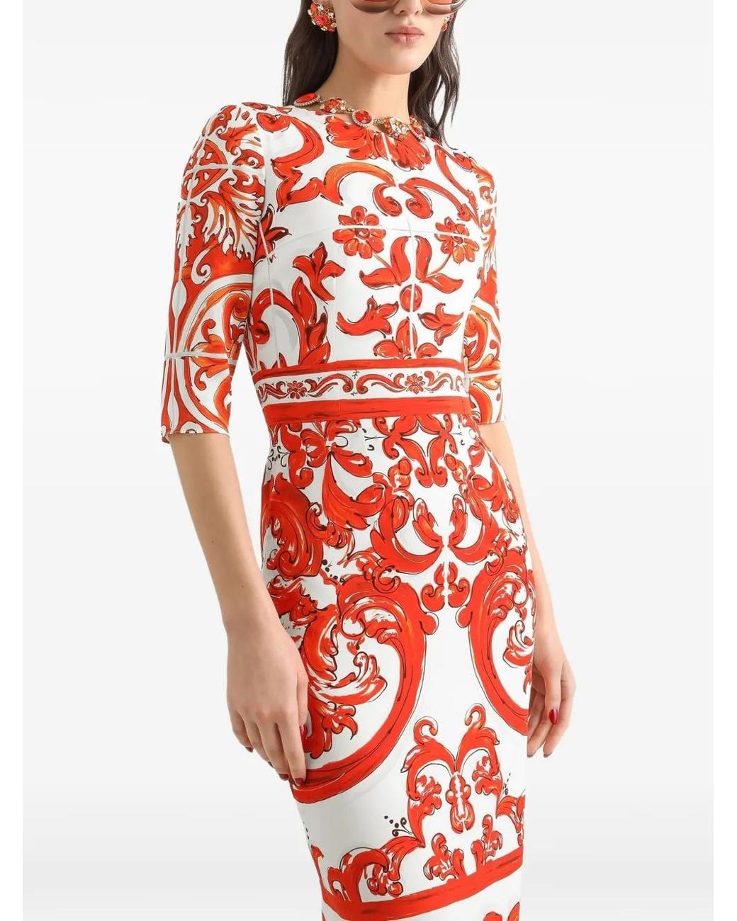 Dolce & Gabbana Red Majolica-Print Charmeuse Dress