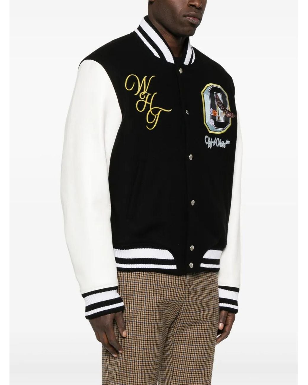Off-White c/o Virgil Abloh Black Fresco Leather/Wool Varsity Jacket for men