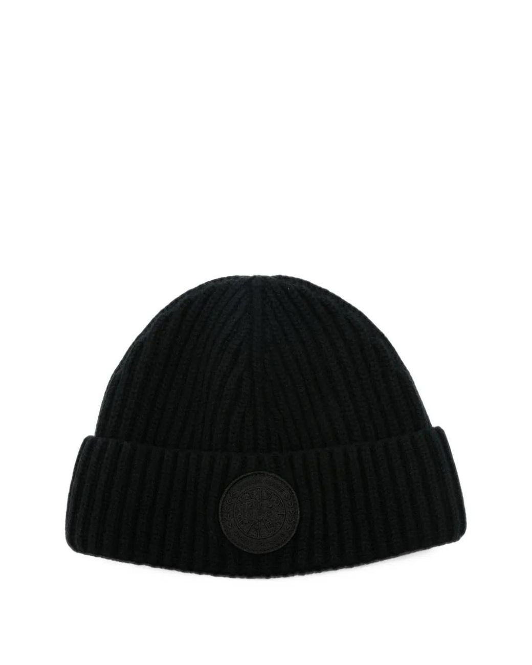 Canada Goose Black Logo-Patch Ribbed Beanie Hat