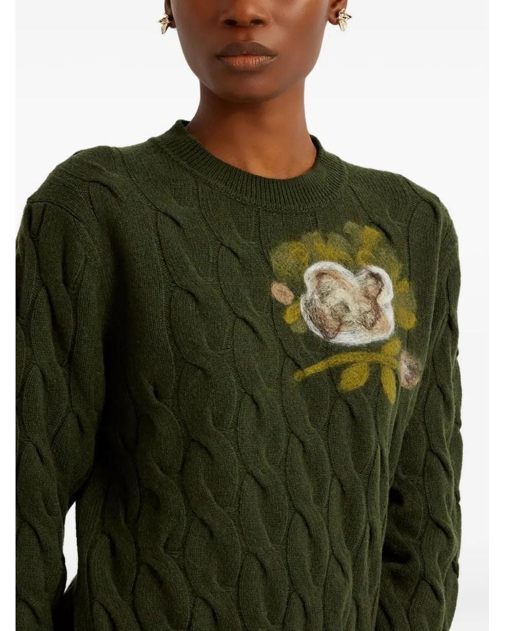 Erdem Green Cable-Knit Floral-Embroidered Sweater