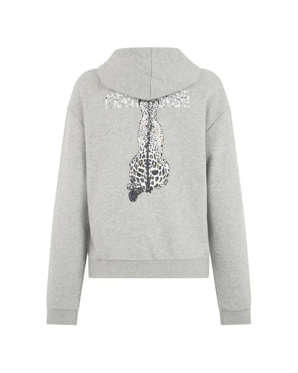 Roberto Cavalli Gray Leopard-Print Logo-Embroidered Hoodie