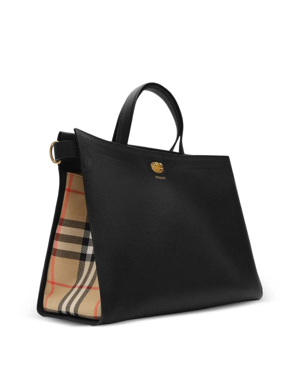 Burberry Black Medium Leather Cotswolds Check Tote Bag