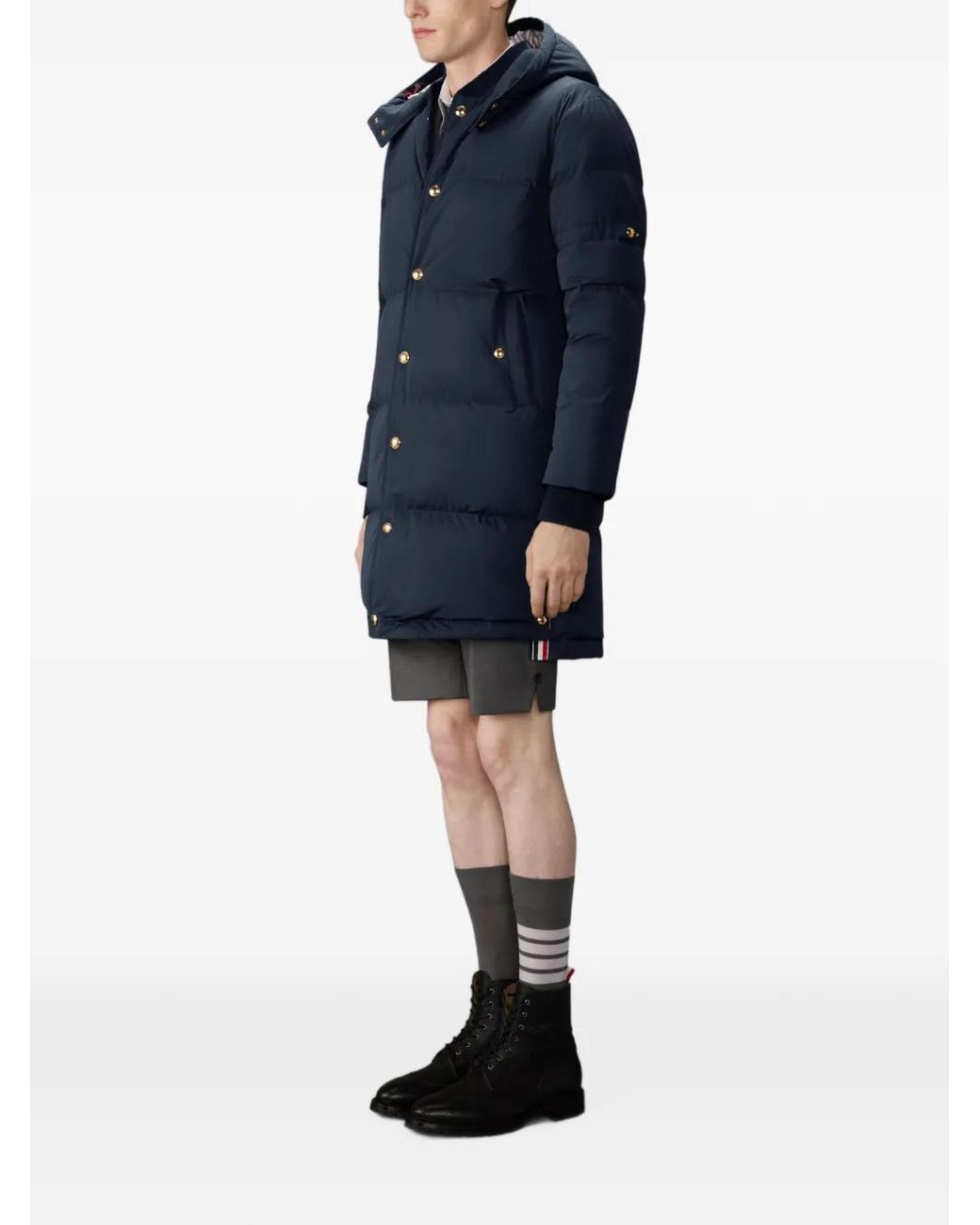 Thom Browne Blue Down Filled Coat With Armbands for men