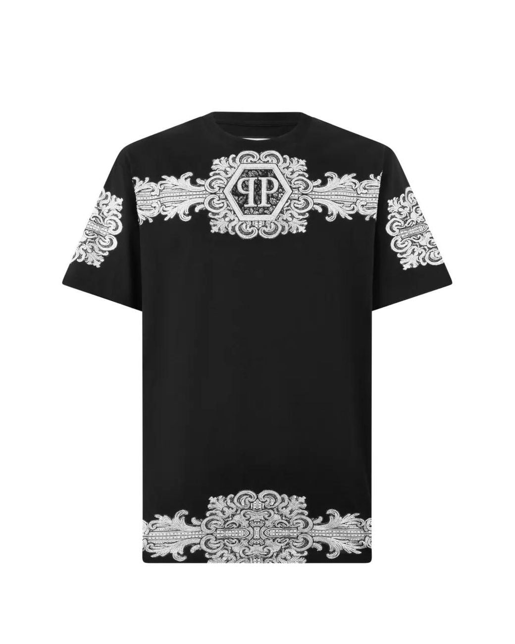 Philipp Plein Black Round Neck T-Shirt Baroque Stones for men