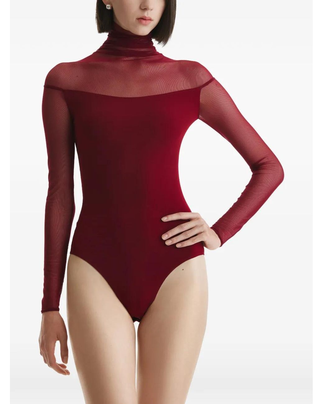 2310 STUDIO Red Mesh-Panel High-Neck Bodysuit