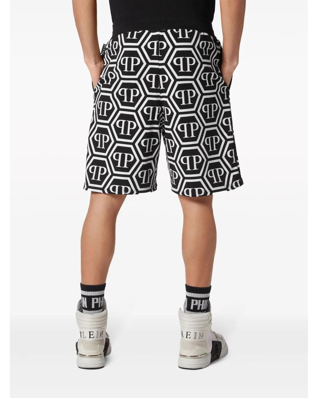 Philipp Plein Black Monogram Drawstring Track Shorts for men