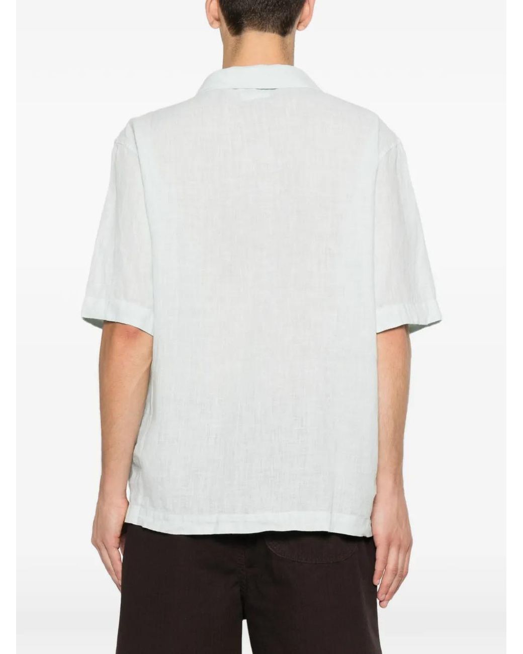 C P Company White Linen Boxy Short Sleeve Button Shirt for men