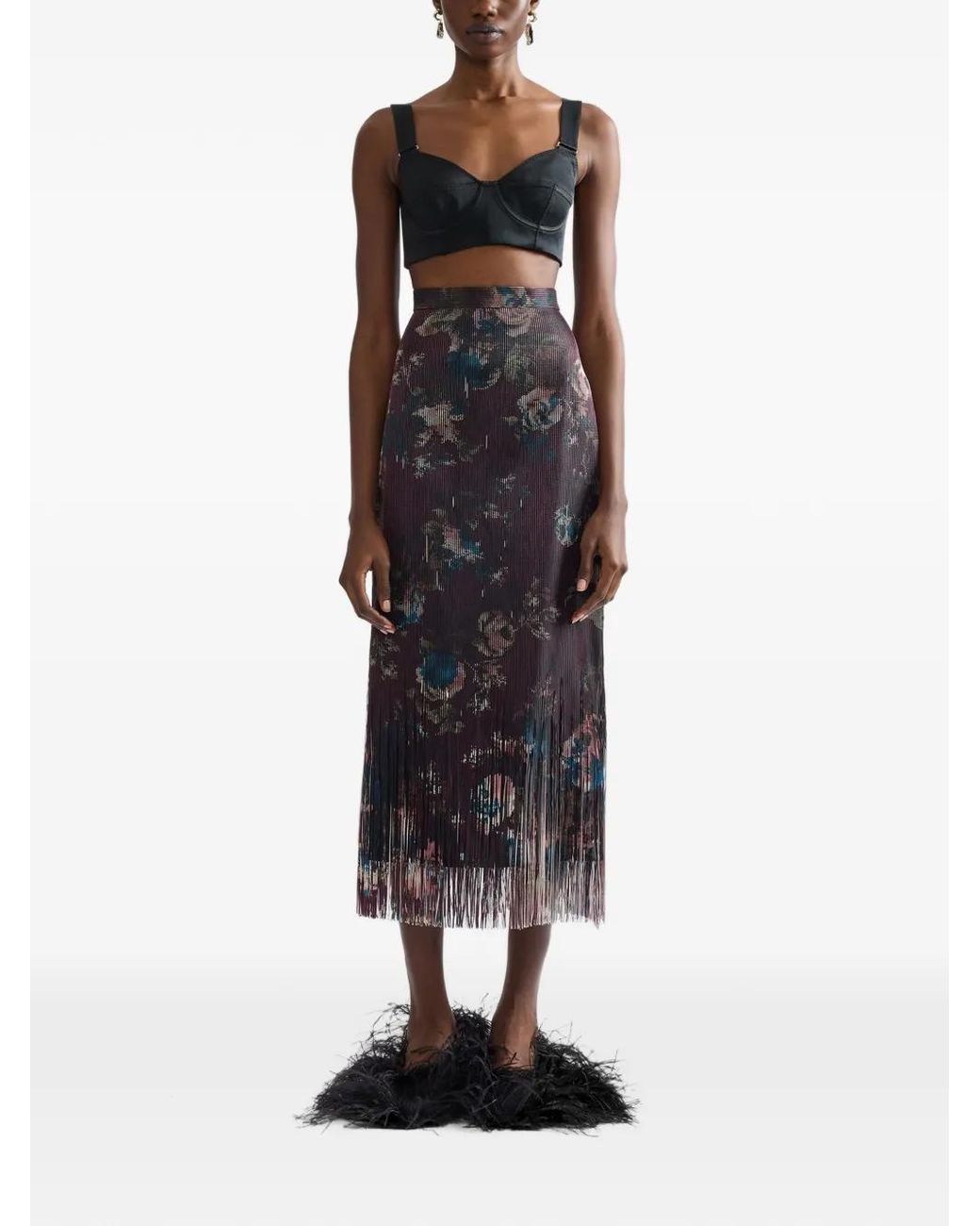 Erdem Blue Flora Fringe-Jacquard Midi Pencil Skirt