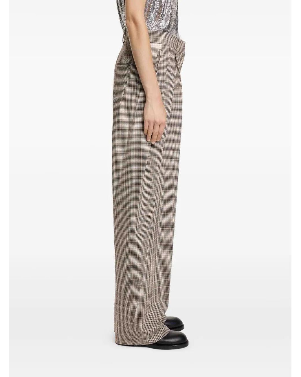 Rabanne Natural Checked Pleated Wide-Leg Trousers