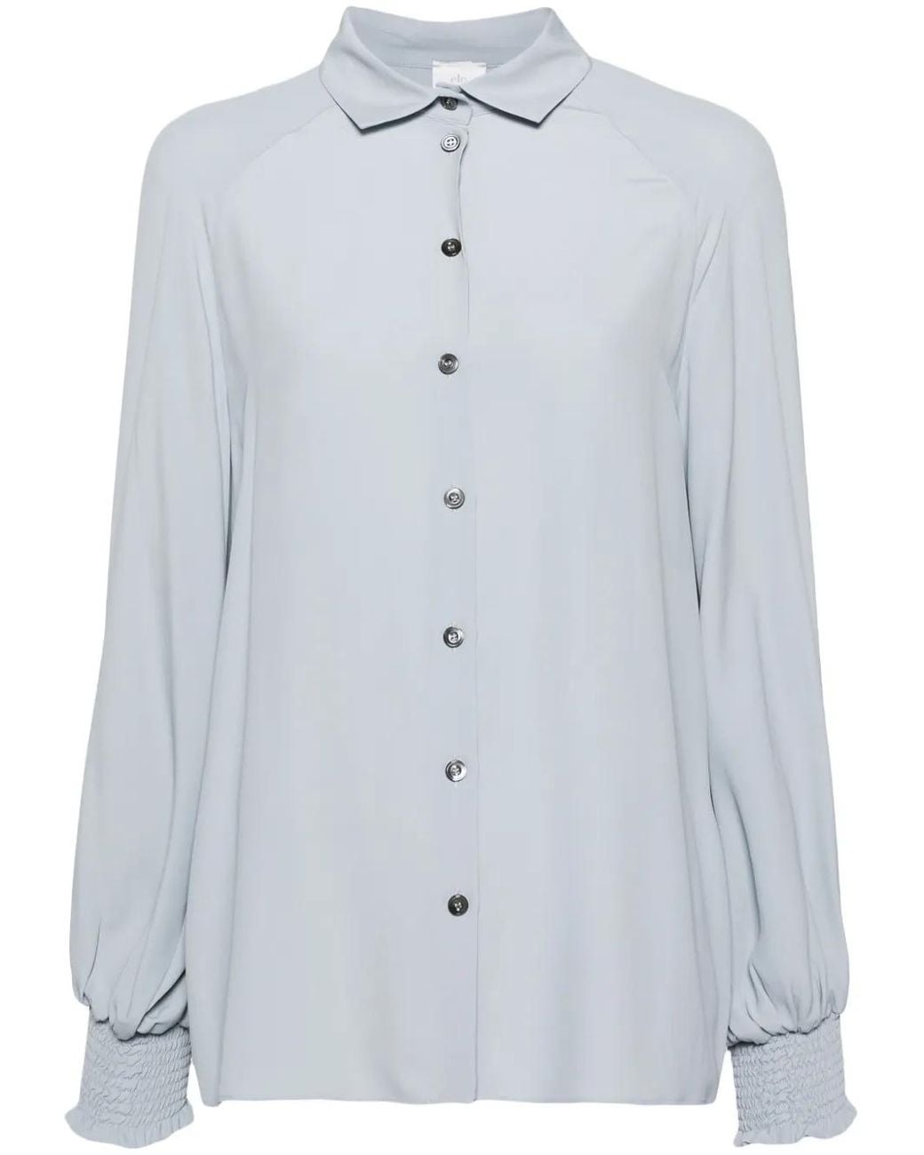 Eleventy Blue Long Sleeve Smocked Cuffs Silk-Blend Shirt