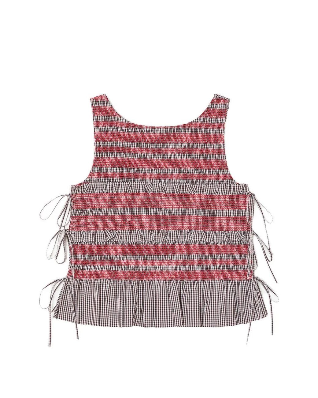 Ganni Red Check-Print Smocked Top