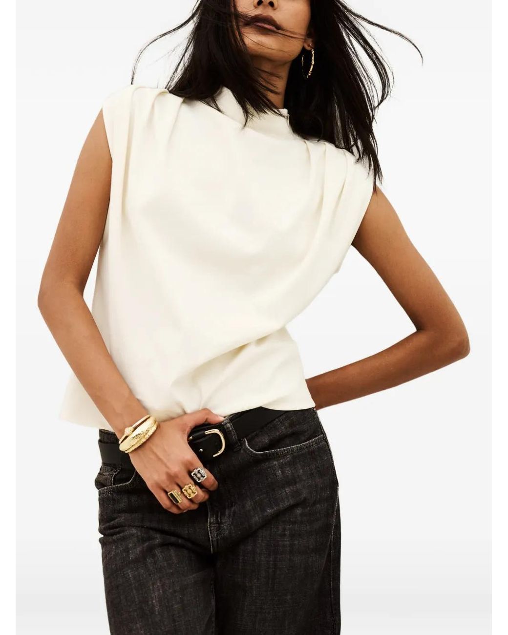 Ba&sh White Blouse Plissée Sans Manches Hoda À Col Montant