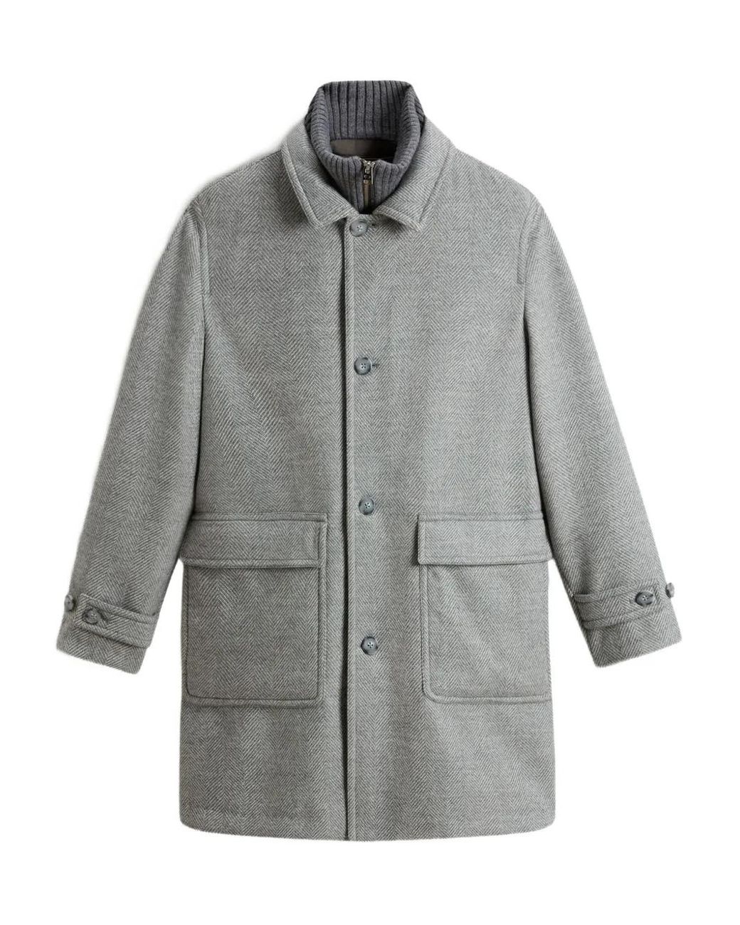 Woolrich Gray Herringbone Pocketed Single-Breasted Coat for men