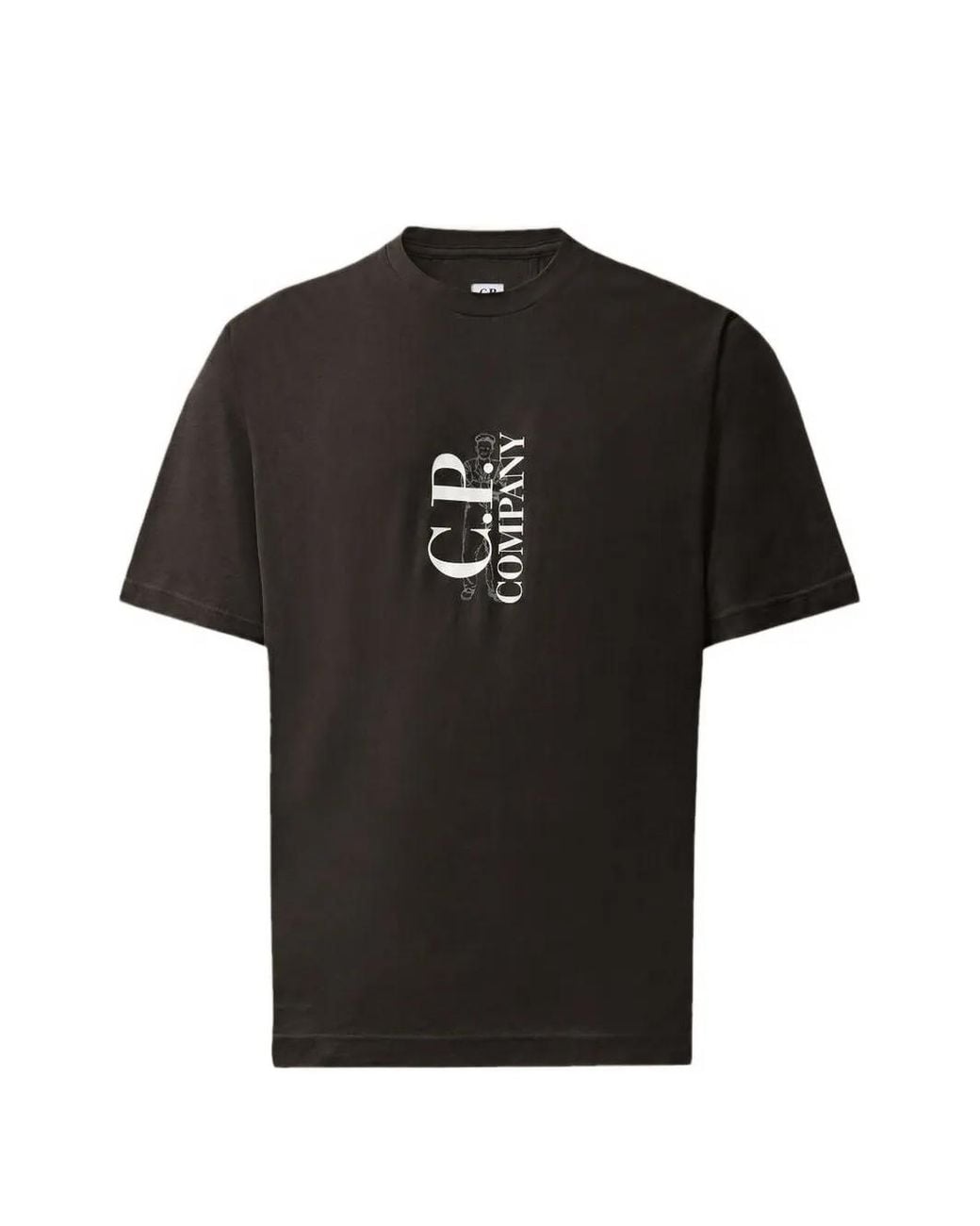 C P Company Black 30/1 Jersey Short Sleeve Vertical Logo T-Shirt for men