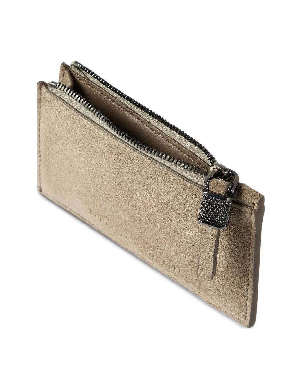 Brunello Cucinelli Natural Suede Card Case With Shiny Zipper Pull