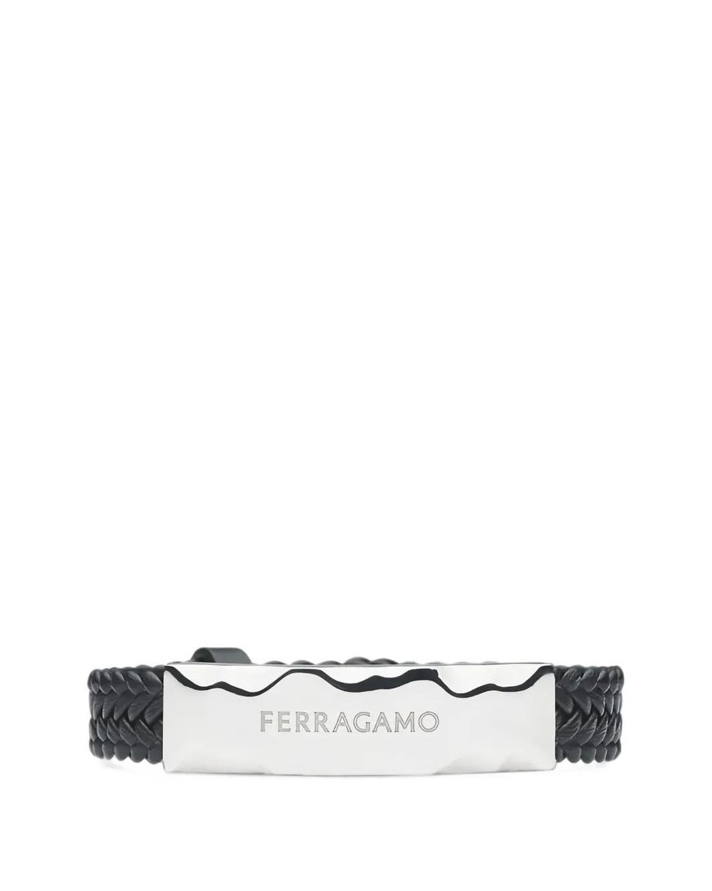 Ferragamo White Braided Leather Brass Bracelet for men