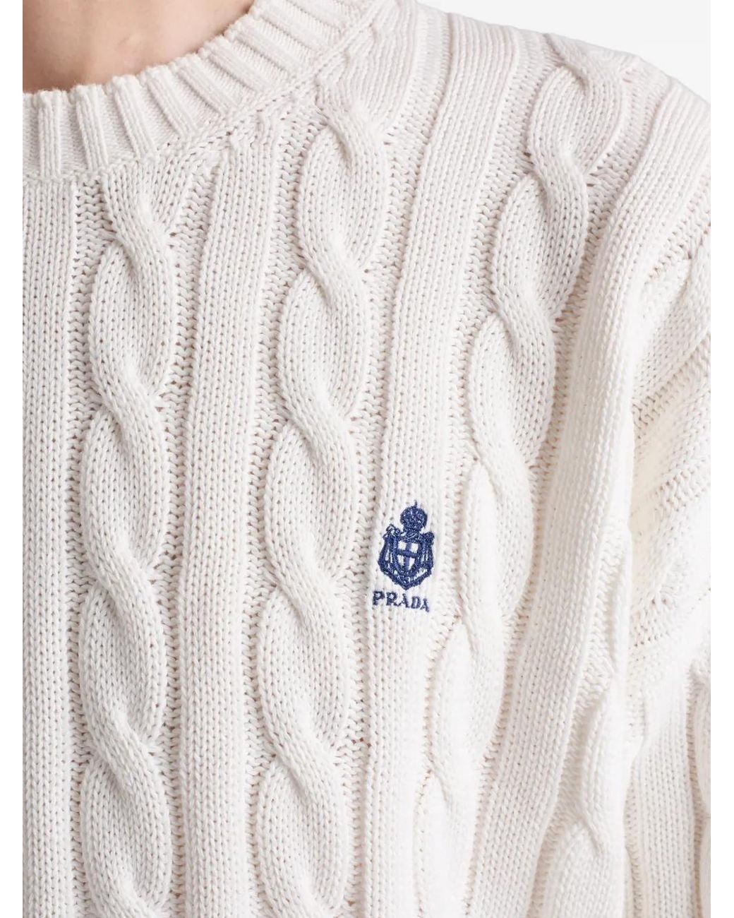 Prada White Cable-Knit Logo-Embroidered Sweater for men