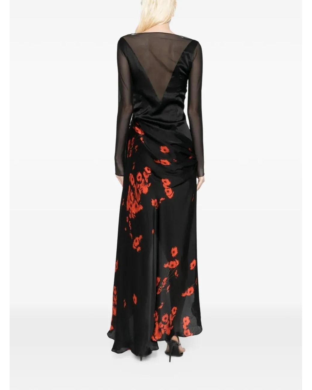 Tessitura Black Poppies-Print Draped Maxi Dress