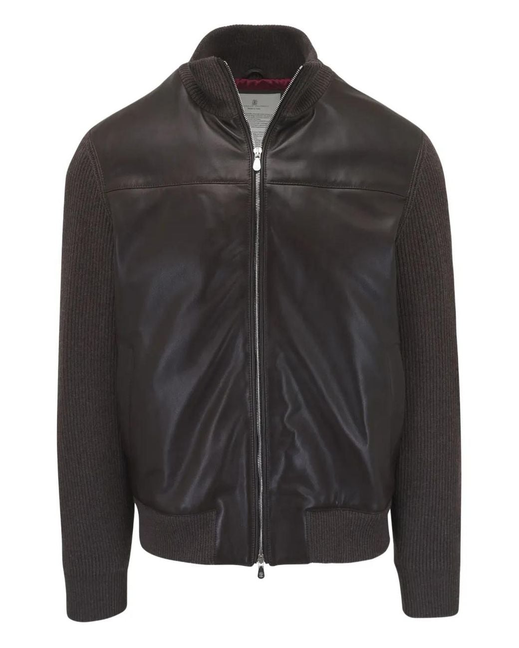 Brunello Cucinelli Black Leather-Paneled Ribbed-Knit Jacket for men