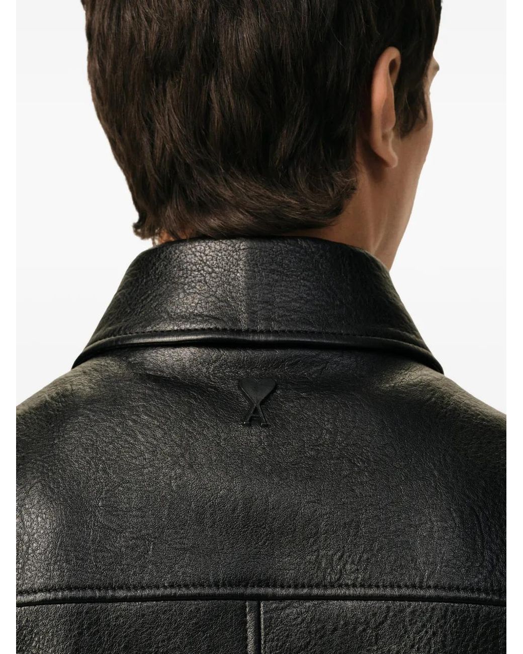 AMI Black Zip-Front Leather Jacket for men