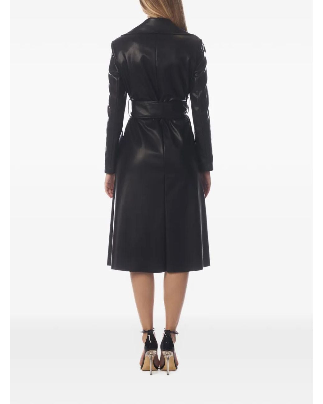 Tessitura Body Couture Black Belted Faux-Leather Trench Coat