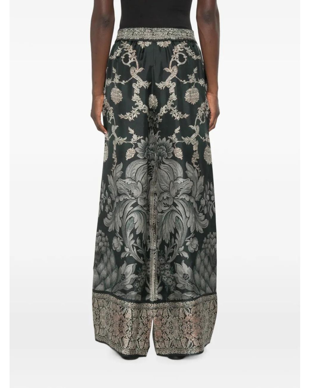 Pierre Louis Mascia Black Aloe Botanical-Print Silk Palazzo Pants