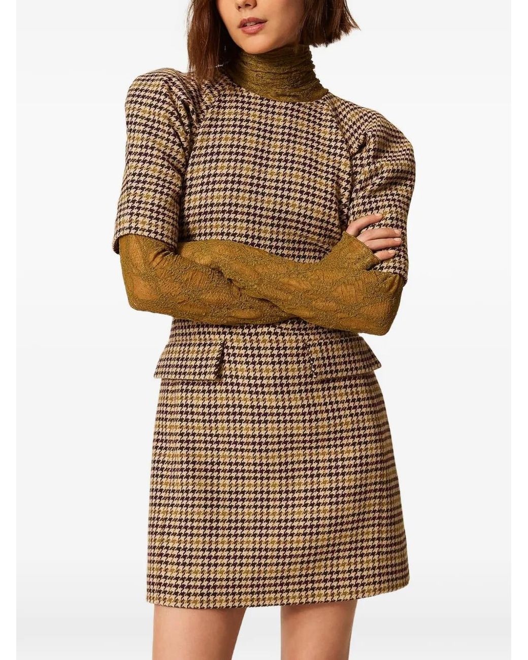 Twinset Brown Short Houndstooth Jacquard Dress