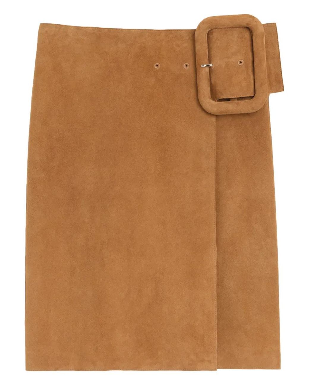 AMI Brown Goat Leather Big Buckle Belted Midi Skirt