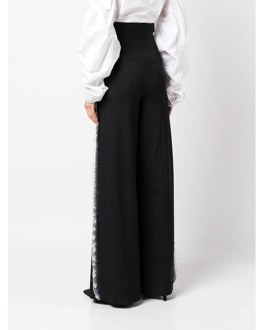 Rochas Black Ruffle Wide-Leg Tailored Trousers