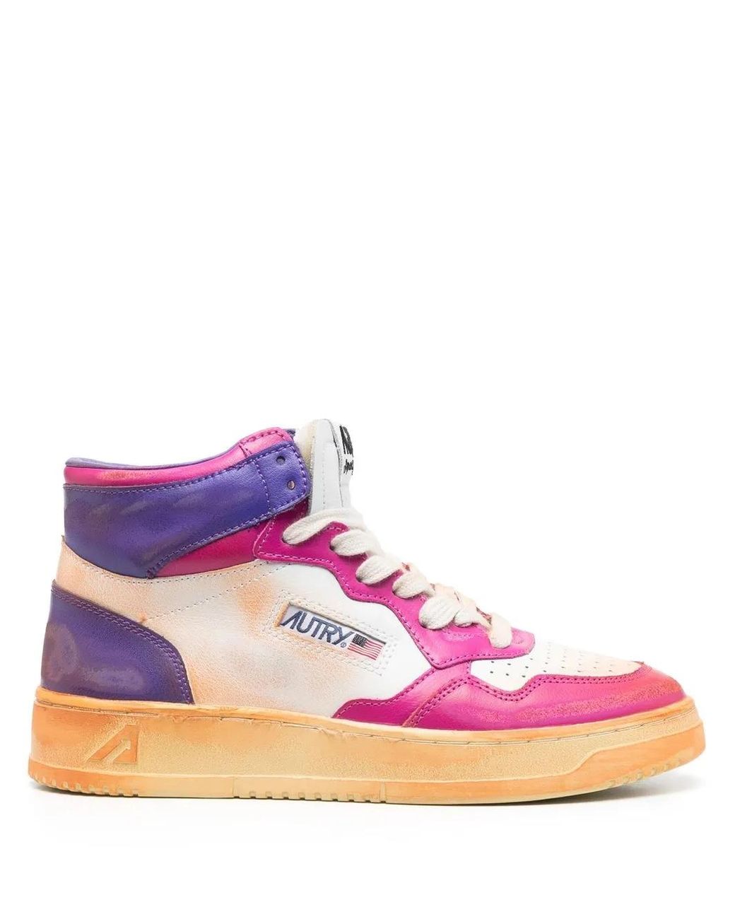 Autry Pink Super Vintage Medalist Mid Sneakers In White, Fuchsia And Violet Leather
