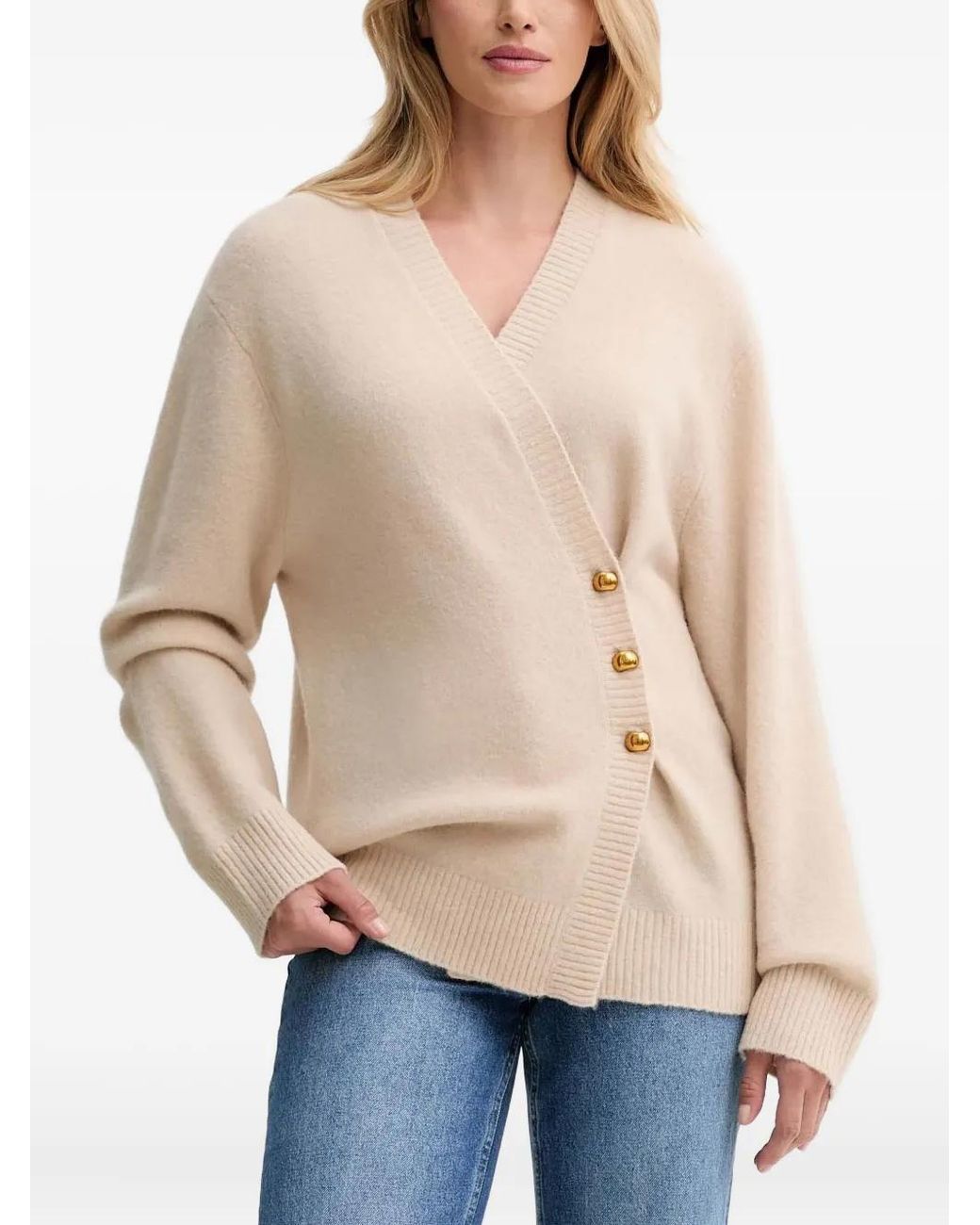 Isabelle Blanche Natural Button-Up V-Neck Cardigan