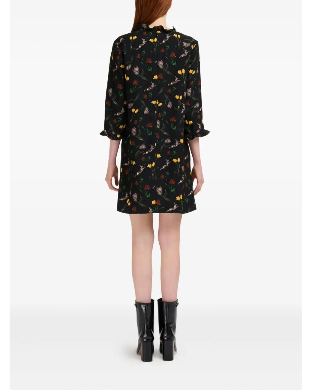 Marni Black Floral-Print Ruffled Mini Dress