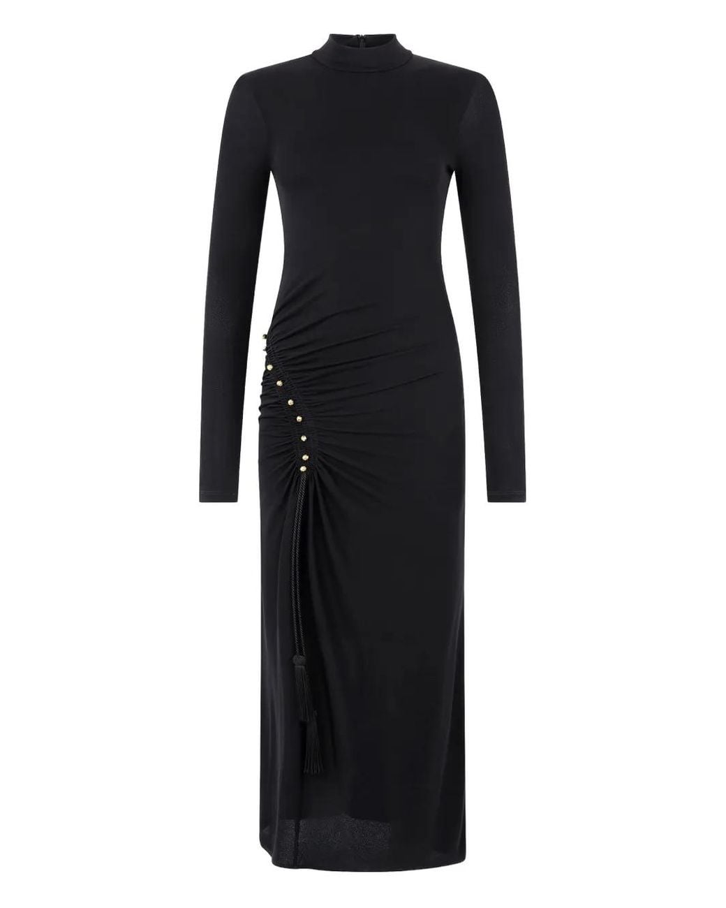 Roberto Cavalli Black Gathered-Detail High-Neck Midi Dress