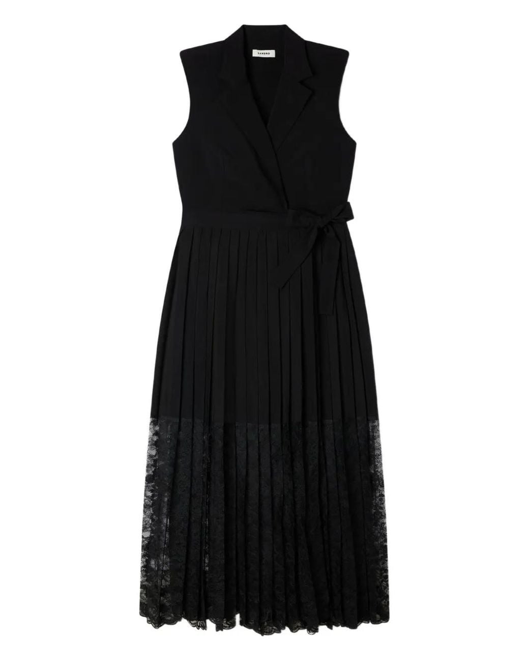 Sandro Black Pleated Lace Midi Dress