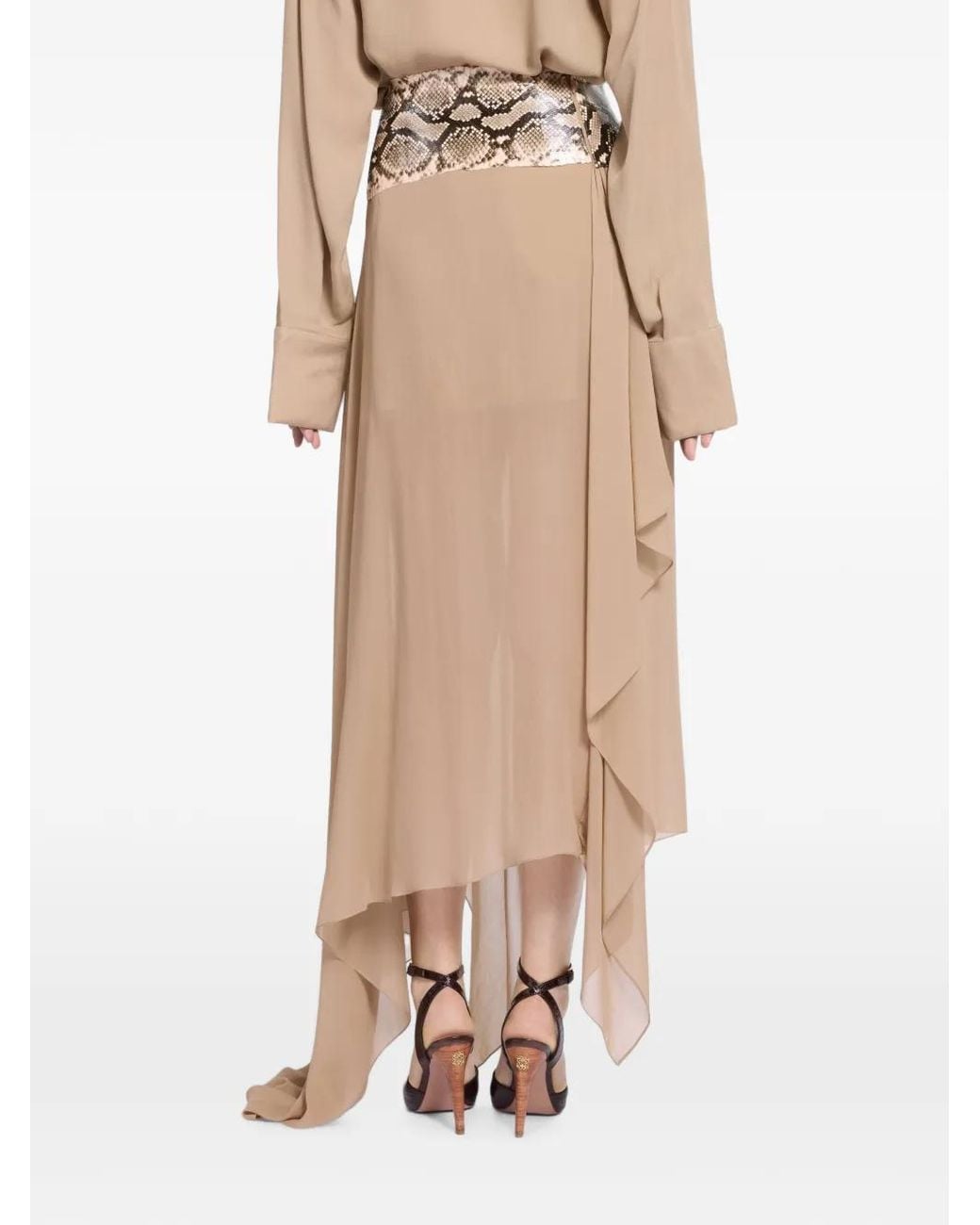 Elie Saab Natural Python-Print Draped Maxi Skirt