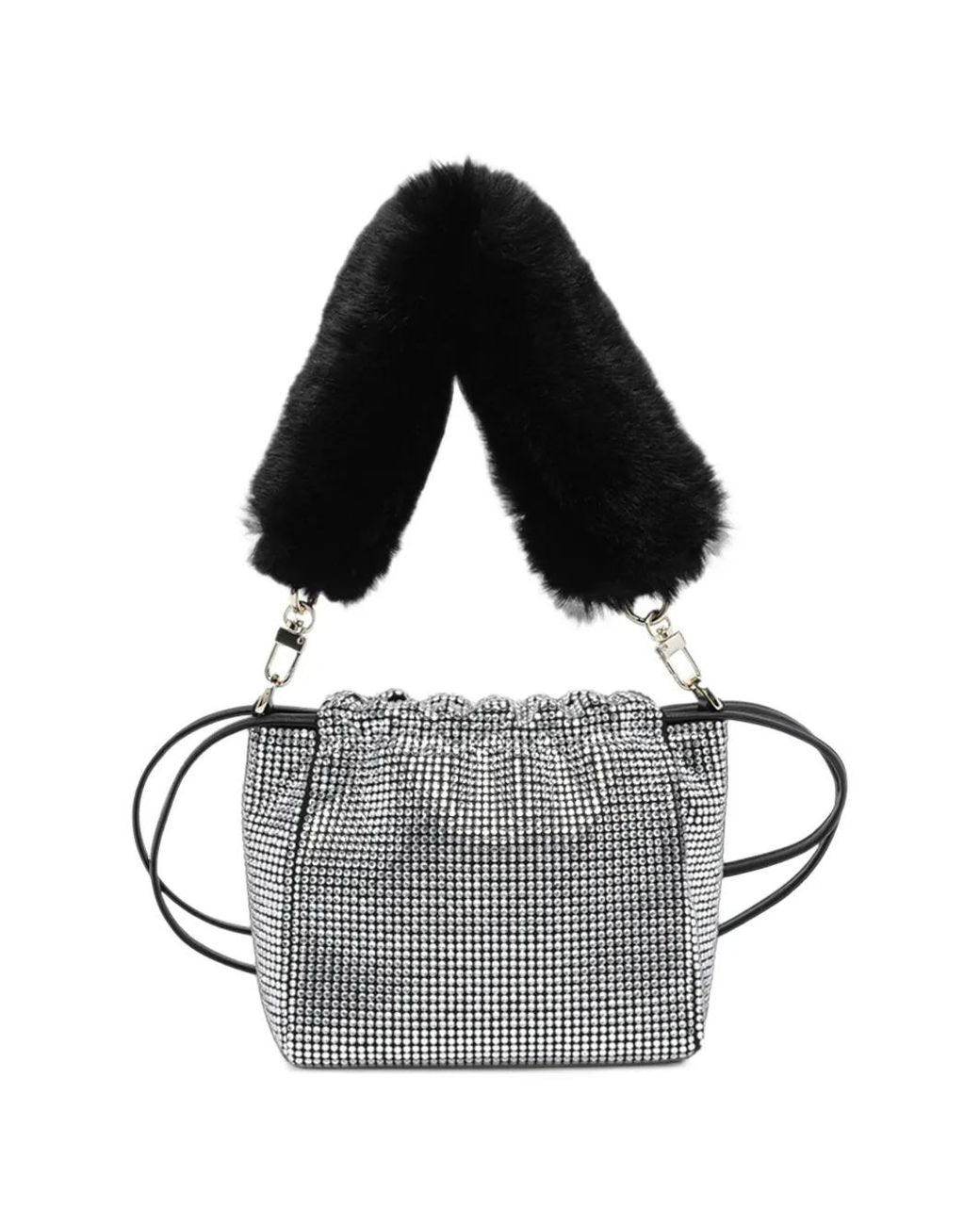Pinko Gray Fully Rhinestoned Shoulder Bucket Bag With Fur-Effect Shoulder Strap