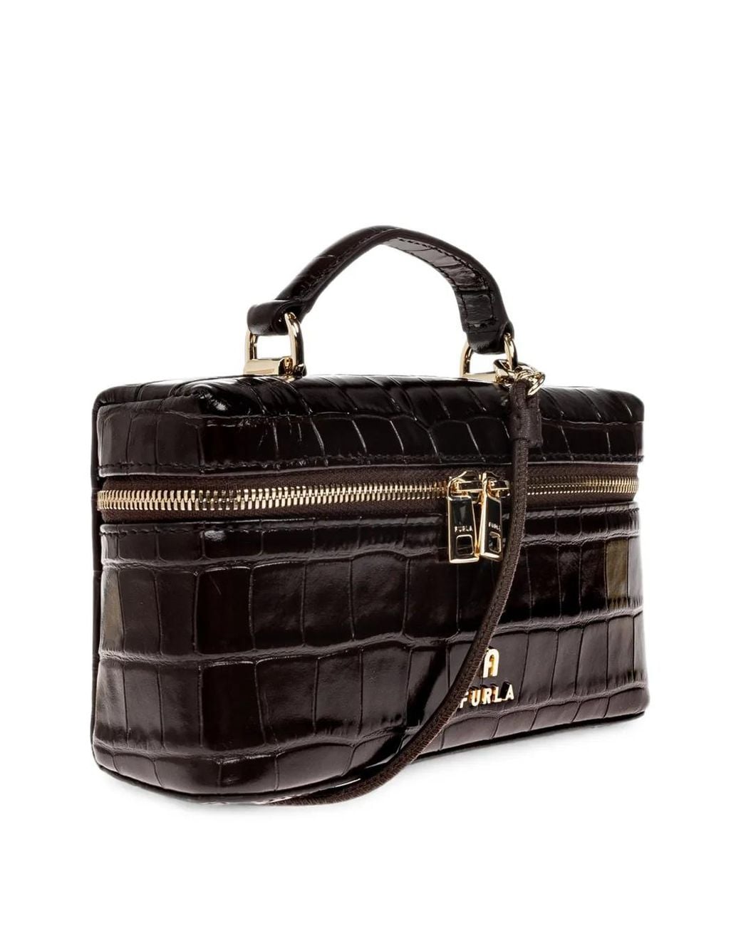 Furla Black Camelia Micro Croc-Effect Leather Crossbody Bag