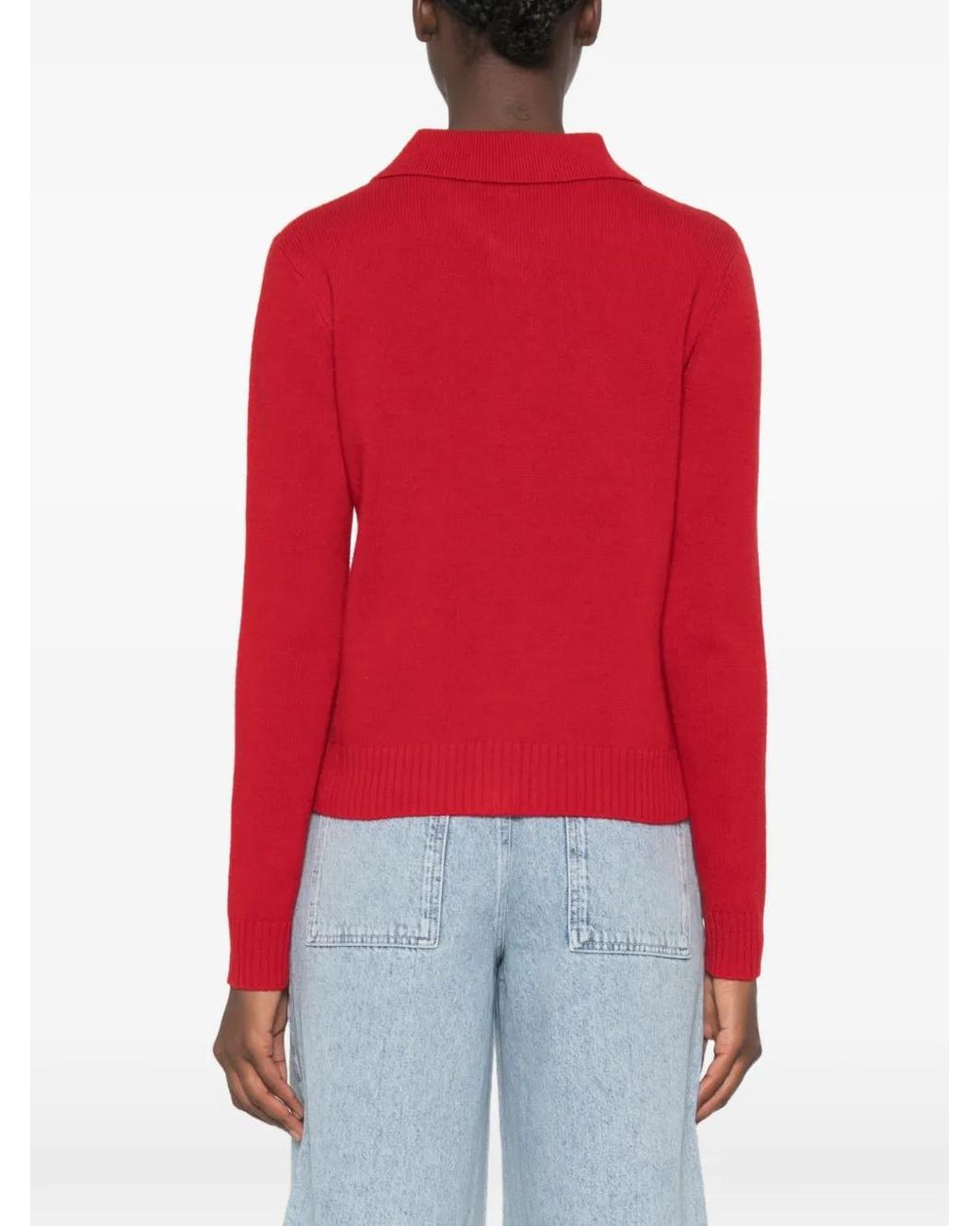 Stine Goya Red Floral-Appliqué Polo Cardigan