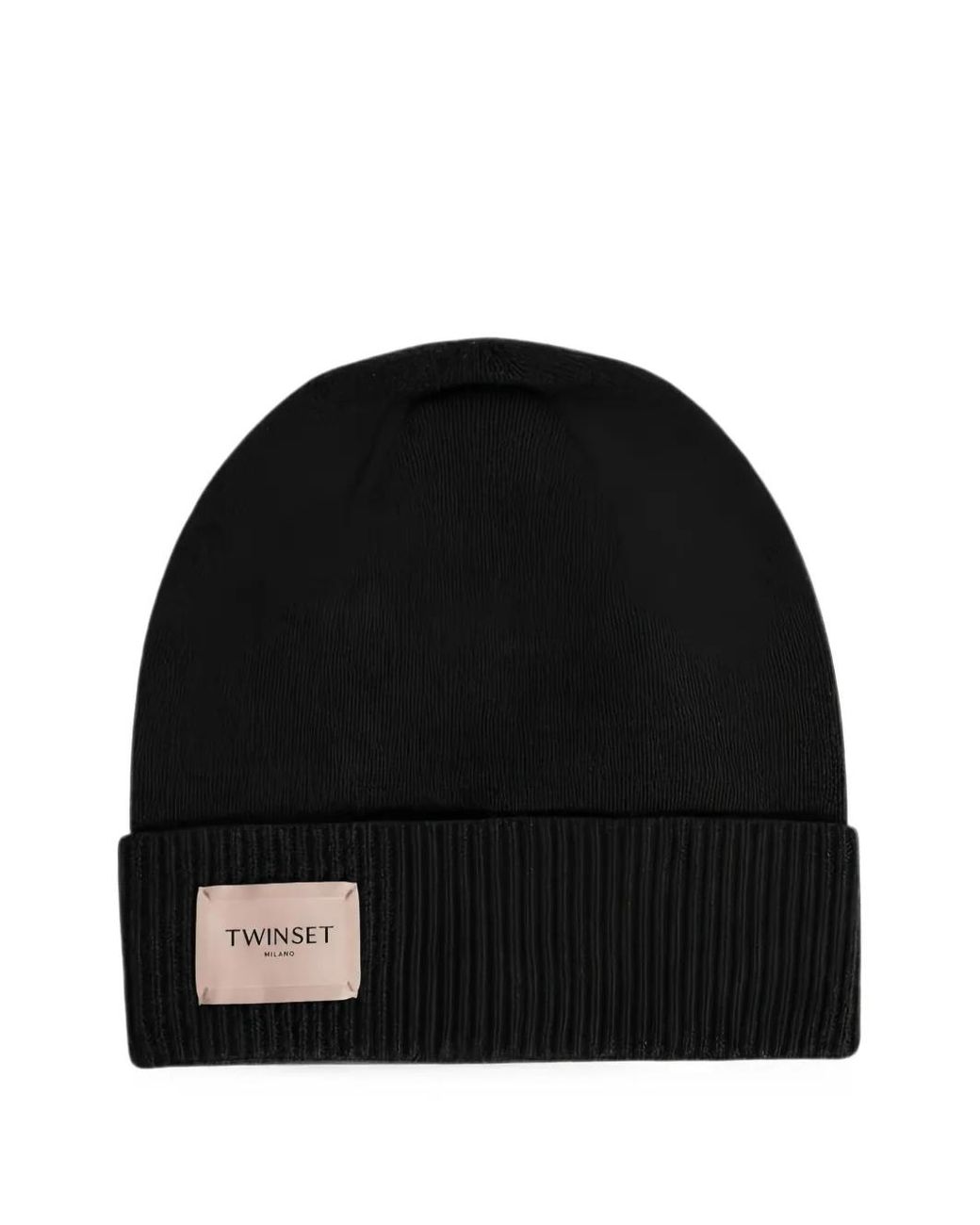 Twinset Black Logo-Patch Ribbed-Trim Beanie Hat