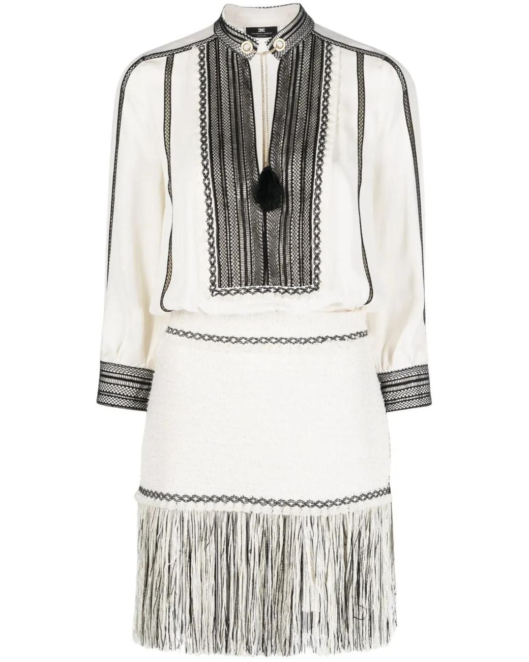 Elisabetta Franchi Gray Fringed Georgette And Tweed Minidress