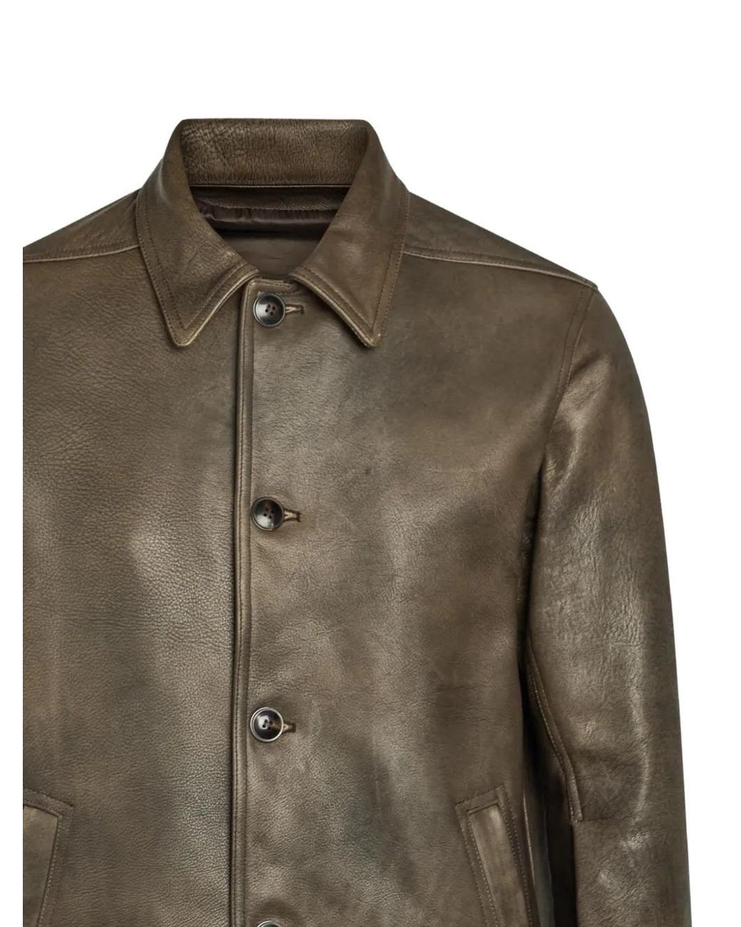 Rick Owens Green Button-Up Leather Jacket for men