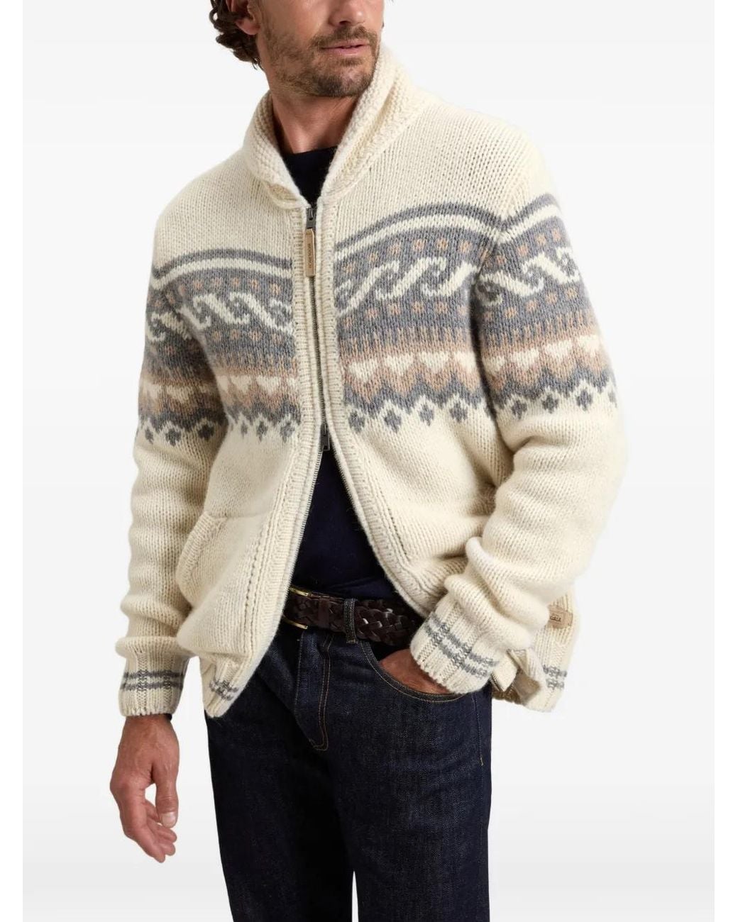 Woolrich Natural Fair Isle Zip-Up Cardigan for men
