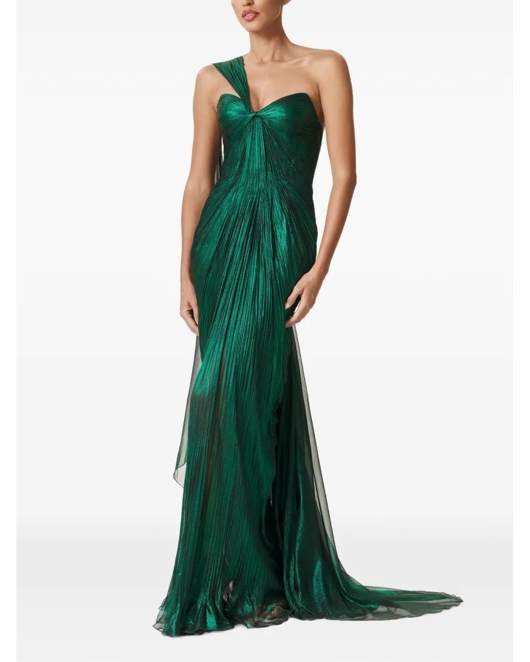 IRIS SERBAN Green Florence One-Shoulder Pleated Gown