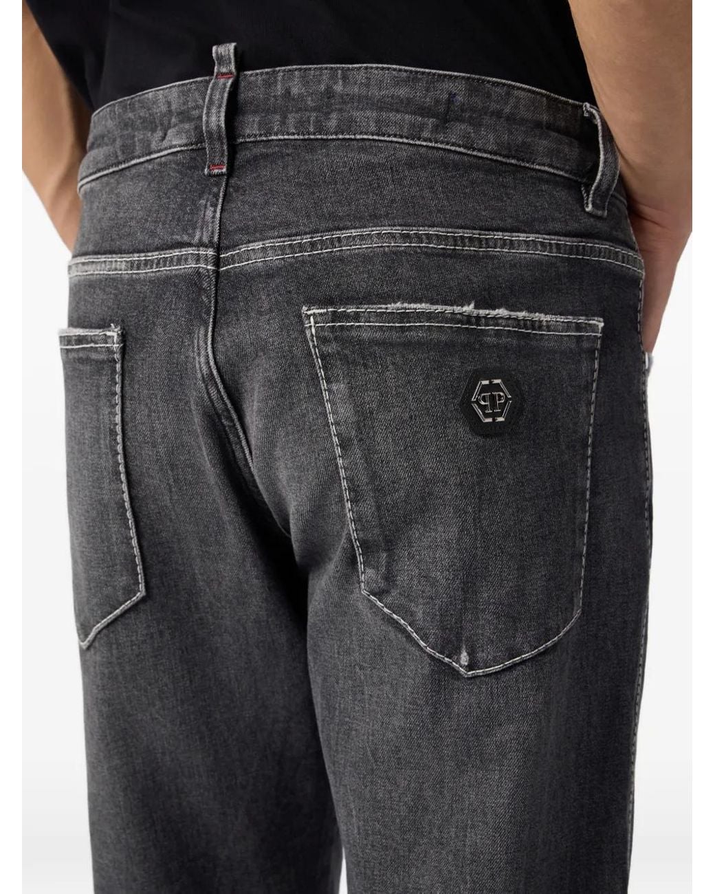 Philipp Plein Black Straight Cut Contrast-Stitch Jeans for men