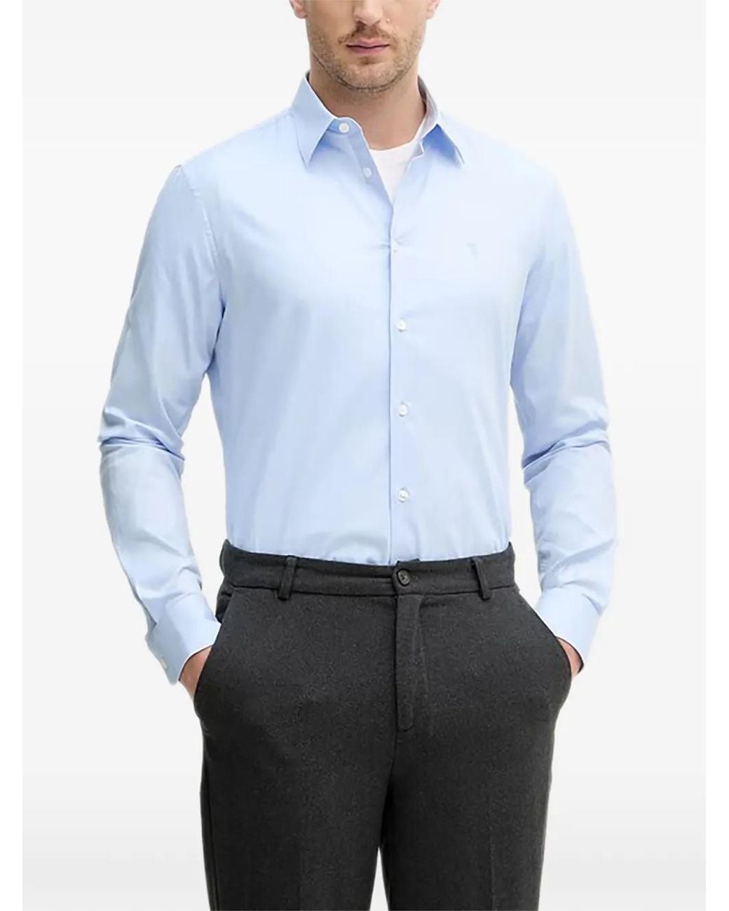 Trussardi Blue Slim-Fit Buttoned Embroidered Shirt for men