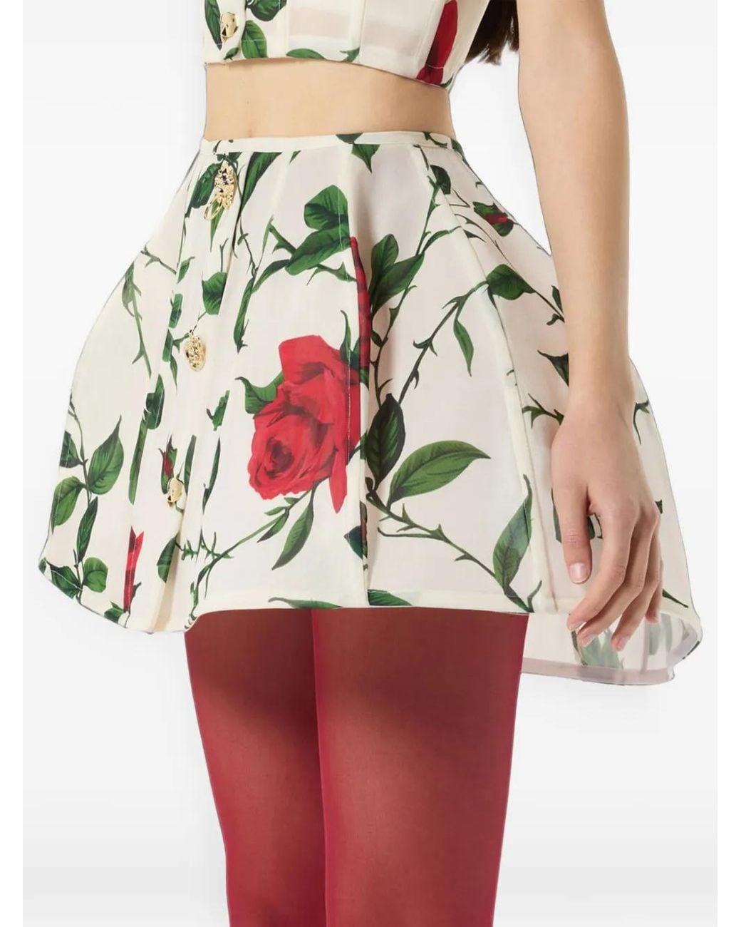 Blumarine Metallic Rose-Print Pleated Mini Skirt
