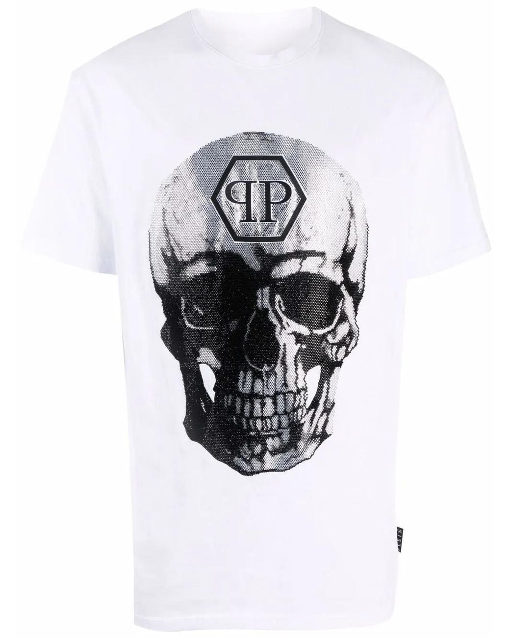 Philipp Plein White Gem-Embellished Skull Logo-Graphic T-Shirt